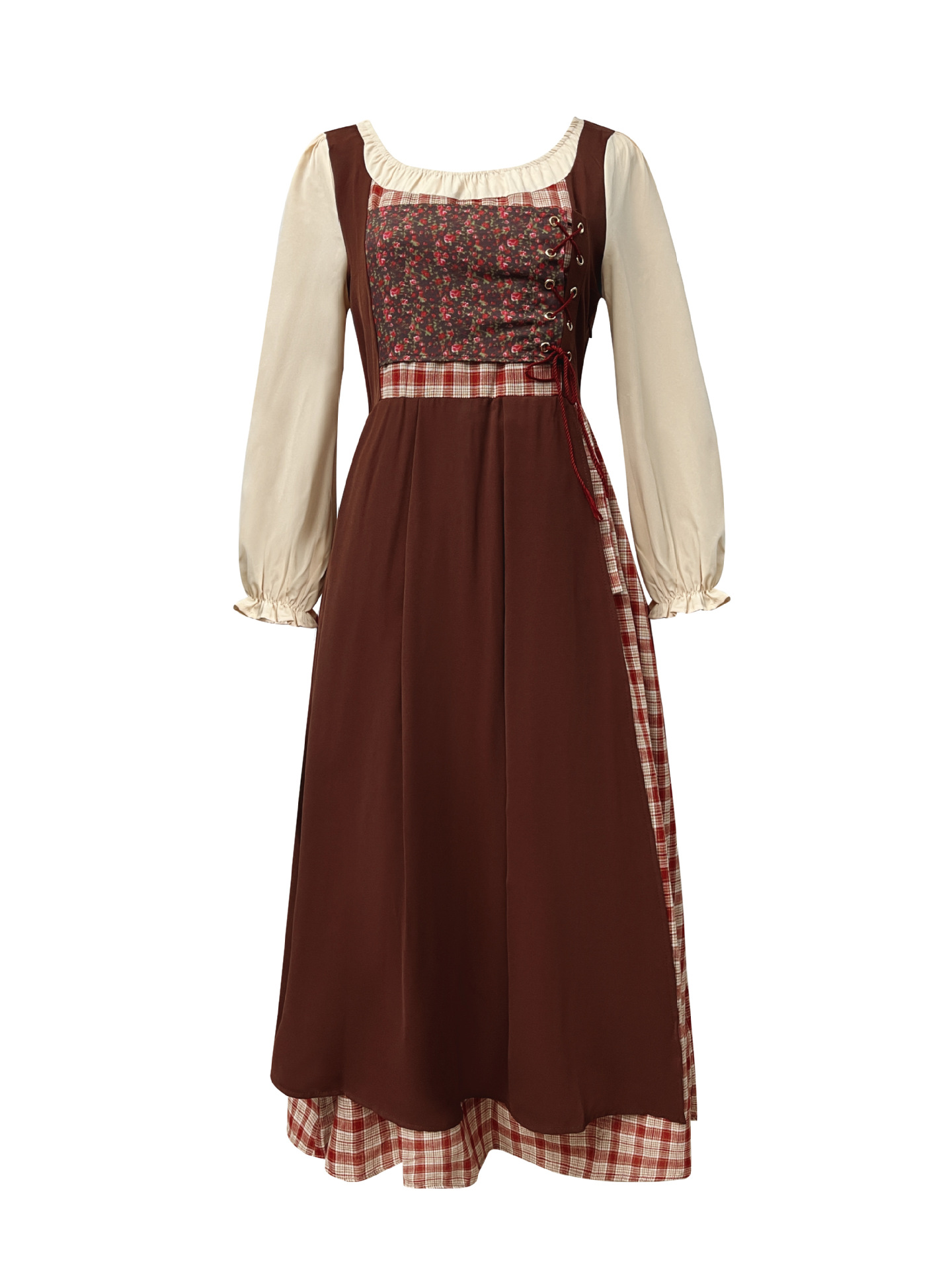 Traditional Dirndl Costume Dress With Cream Long Sleeves And Ankle Length